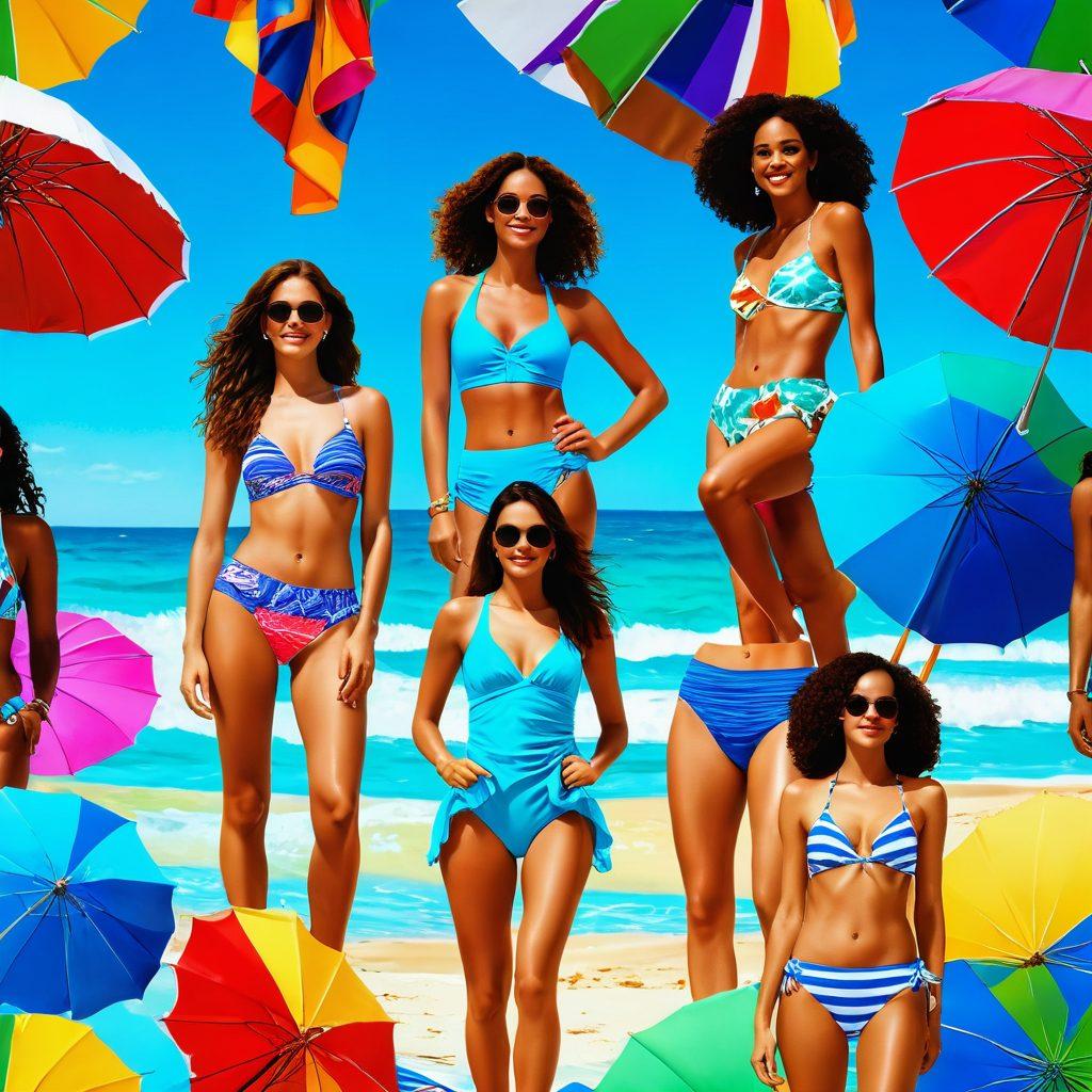A stunning beach scene showcasing diverse individuals confidently wearing daring beachwear styles, featuring bold colors and unique designs. The atmosphere is vibrant and lively, with sunbathers lounging on colorful towels, beach umbrellas providing shade, and waves gently lapping at the shore. Include elements of joy and self-expression, emphasizing the playful nature of fashion choices. super-realistic. vibrant colors. bright blue sky.